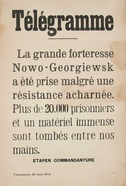 null (NORD OCCUPÉ) VALENCIENNES 20 Août 1915 : « TÉLÉGRAMME : La grande forteresse...