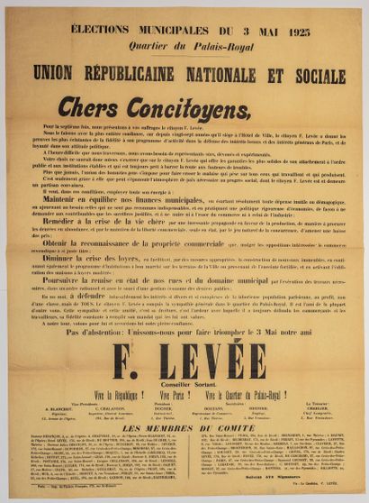 null PARIS, Quartier du PALAIS-ROYAL, « Élections Municipales du 3 Mai 1925 – Union...