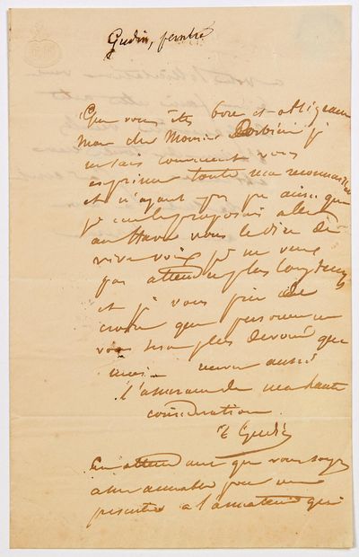 null GUDIN (Théodore, Baron) Peintre de marines. (Paris 1802 – 1880) – Lettre Autographe...