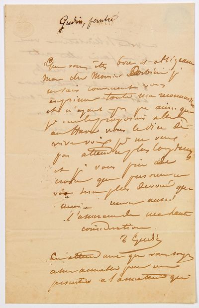 null GUDIN (Théodore, Baron) Painter of marines. (Paris 1802 - 1880) - Autograph...