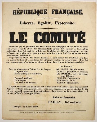 null CHER. « LE COMITÉ » (D’UNION NATIONALE). BOURGES le 3 mai 1849 – « Le Comité…...