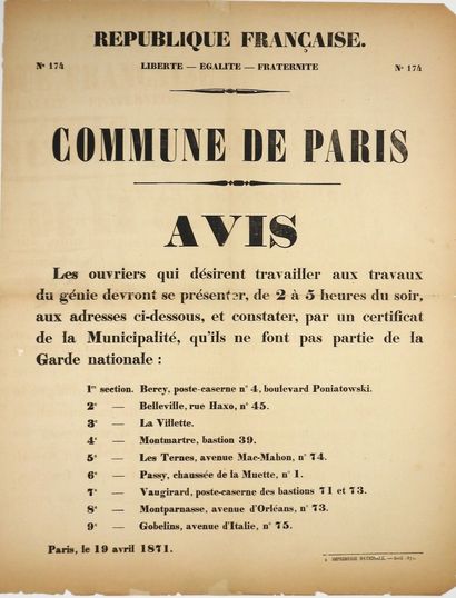 null « COMMUNE DE PARIS » PARIS, le 19 avril 1871 - AVIS "LES OUVRIERS qui désirent...
