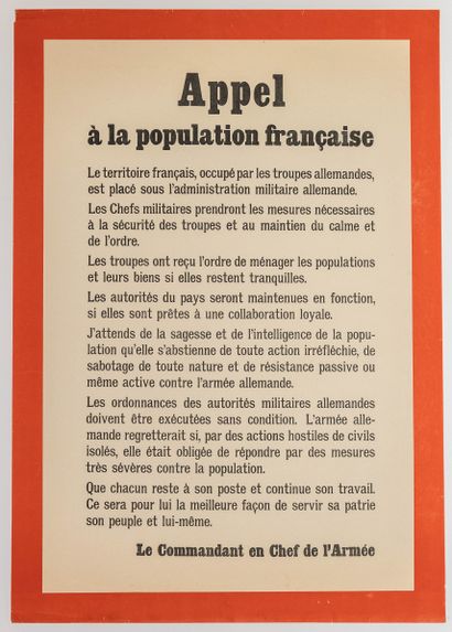 null JUIN 1940 « APPEL A LA POPULATION FRANÇAISE » - Le territoire français, occupé...