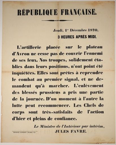 null (Siege of PARIS). Bulletin from "JULES FAVRE The Acting Minister of the Interior",...