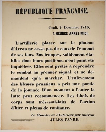 null (Siège de PARIS). Bulletin de « JULES FAVRE Le Ministre de l’Intérieur par intérim...