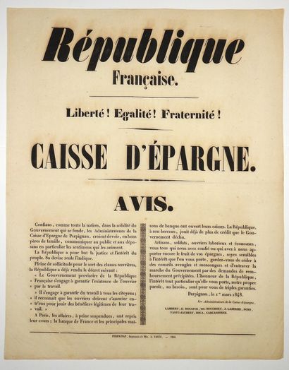null PYRÉNÉES ORIENTALES. 1848. « RÉPUBLIQUE FRANÇAISE. LA CAISSE D’ÉPARGNE » de...