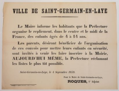 null « VILLE DE ST GERMAIN-EN-LAYE (78), le 4 Sept 1939 » (ÉVACUATION) – Le Maire...