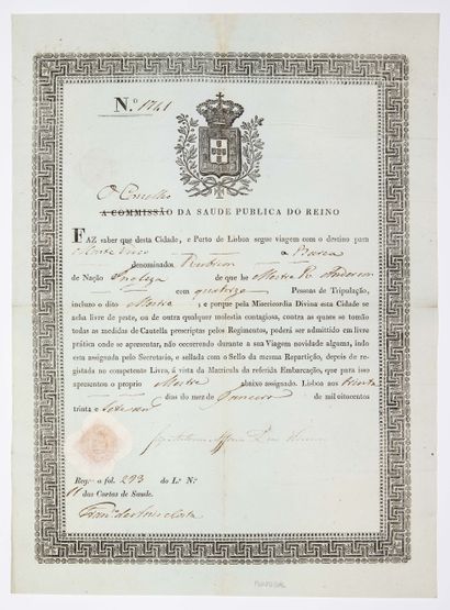 null PORTUGAL. PATENT OF HEALTH issued by the City of LISBON (Lisboa) to go to MONTEVIDEO,...