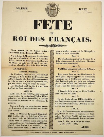 null TOWN HALL OF AIX (13). 1840. LOUIS-PHILIPPE 1st " FÊTE DU ROI DES FRANÇAIS "....