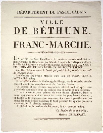 null PAS-DE-CALAIS. 1829. « Ville de BÉTHUNE, FRANC-MARCHÉ. » Avis du Marquis DE...