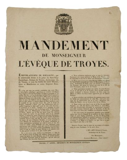 null AUBE. « MANDEMENT de Monseigneur L’ÉVÊQUE DE TROYES. » (Étienne-Antoine de BOULOGNE)....