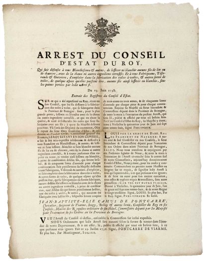 null TOILES À VOILE QUI SE FABRIQUENT EN BRETAGNE. 1738 - “Arrest du Conseil d’État...