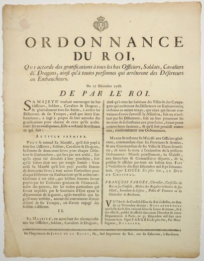 null GIRONDE. 1768. « Ordonnance du ROI (LOUIS XV), qui accorde des Gratifications...