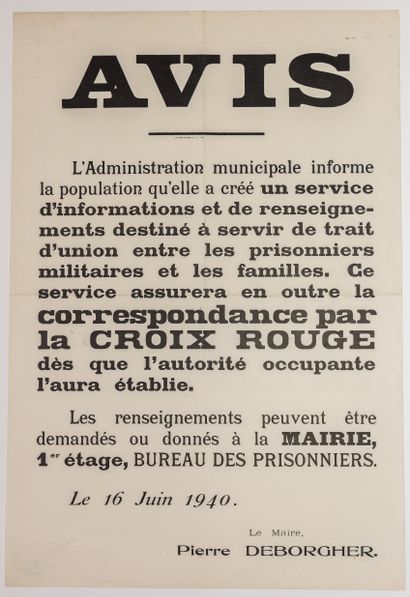 null 6 Affiches de TOURCOING (59), JUIN 1940 : « Avis. Renseignements destinés à...