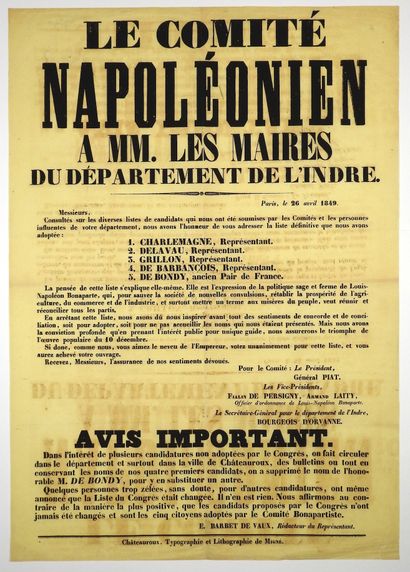 null INDRE. 1849. "THE NAPOLEONIC COMMITTEE", TO MM. THE MAYORS OF THE DEPARTMENT...
