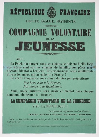 null GRENOBLE (Isère). "COMPAGNIE VOLONTAIRE DE LA JEUNESSE" (October 1870): "Friends,...