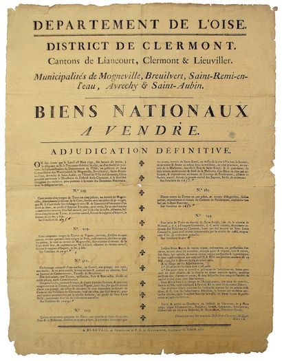 null OISE. 1791. District de CLERMONT. ADJUDICATION DE BIENS NATIONAUX. « Département...