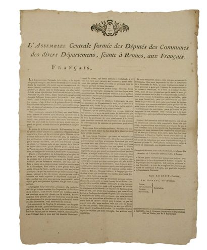 null ILLE-ET-VILAINE. Septembre 1792. Adresse de « L’ASSEMBLÉE CENTRALE formée des...