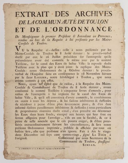 null VAR. 1780. CANAL OF THE WATERS OF TOULON. "Extract from the archives of the...