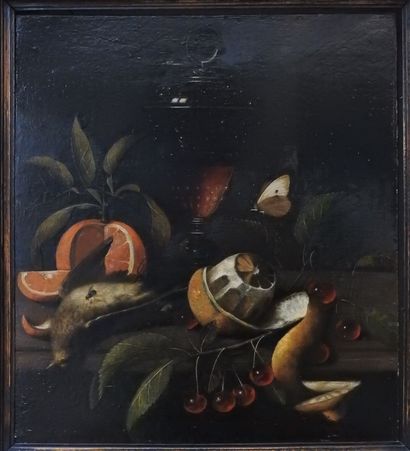 null Martinus NELLIUS( ? 1621 – La Haye 1719)Nature morte au citron pelé et au verre...
