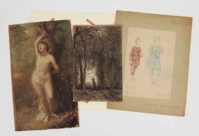 null French school of the XIXth century

Set of 2 drawings on paper and an oil on...