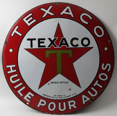 null TEXACO, Car oil 

Round enamelled plate

Diam. 57 cm. Condition of use (chi...