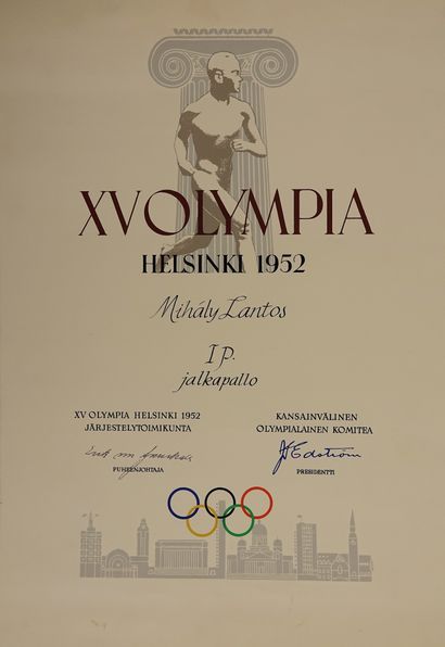 null Jeux Olympiques / été, Helsinki, 1952 / Football / Lantos. Rarissime diplôme...