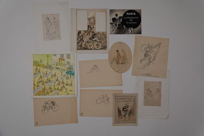 null Cyclisme / Caricatures / Dessins / Vélocipèdes. Onze dessins originaux ou caricatures...