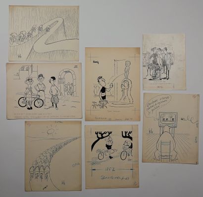 null Cycling / Cartoons / Gébé / Uber.....Set of 7 original caricatures of beautiful...