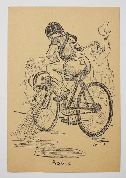 null Cycling / Robic / Van Guy. Very curious postcard of Robic unloading by Van Guy...