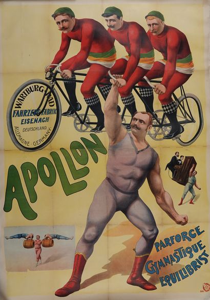 null Weightlifting / Velocipedes / Circus. Superb and curious lithography of the...