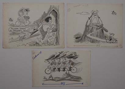 null Cycling / Cartoons / Déro / Saga. 

Three original drawings in India ink and...