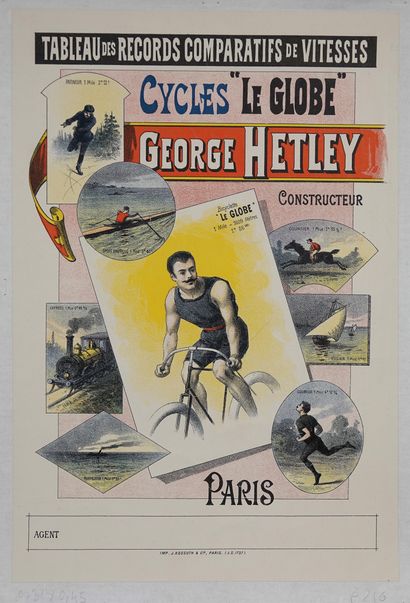 null Cycling / Prehistory / Omnisport. Georges Hetley's "Le Globe" cycles, in Paris,...