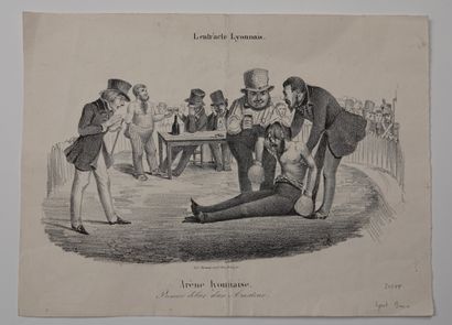 null Boxe / Lyon / Préhistoire. Etonnante gravure sur bois "L'Entr'acte Lyonnais",...