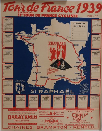 null Cyclisme / Tour / 1939. Belle affiche entoilée pour le Tour 1939...Avec la carte,...