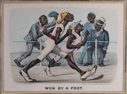 null Athletics-walking. Lithographed plate from a cartoon by Currier Ives, 1883:...