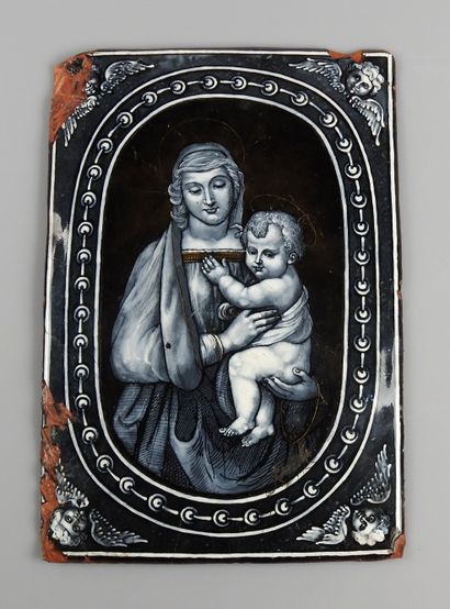 null Grande plaque en émaux représentant une vierge à l’enfant (d’après La madone...