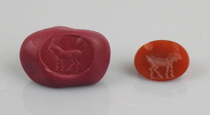 null Intaglio representing a goat


Carnelian 1.6 cm chip above the animal


Modern...