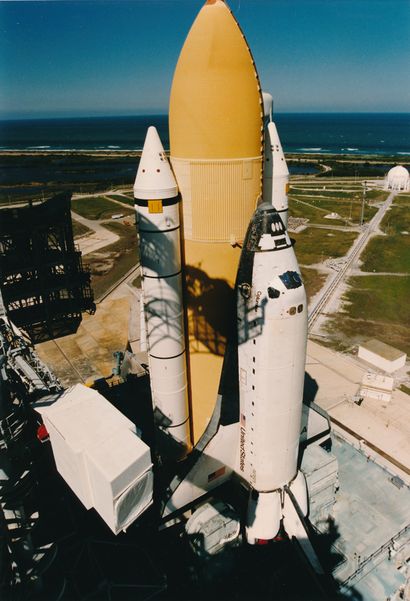 null Nasa. Space Shuttle Columbia (Mission STS-90) arrives at the top of launch pad...