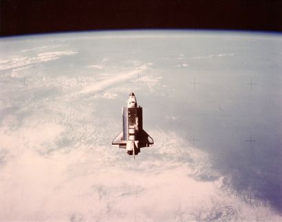 null NASA. Famous photograph of the space shuttle Challenger seen by the satellite...