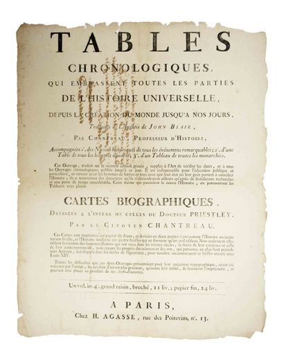null PARIS. LIBRAIRIE AGASSE. 1797. « Tables chronologiques qui embrassent toutes...