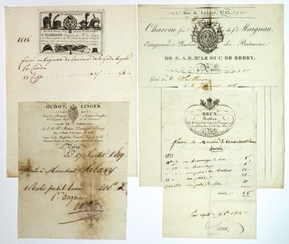 null 4 FACTURES DE PARIS de la Restauration : Paris 1816 « AUX ARMES DE FRANCE. Rue...