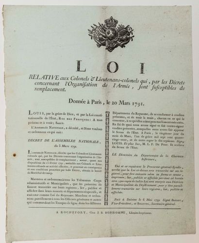 null REVOLUTION. 1791. REORGANIZATION OF THE ARMY. CHARENTE-MARITIME. "Law relating...