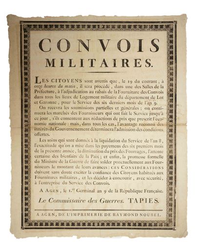 null LOT ET GARONNE. « CONVOIS MILITAIRES. » à AGEN le 1er Germinal An 9 (1801)....