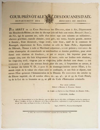 null DOUANES D’AIX. 1813. EMPIRE. CARCAN FLÉTRISSURE : Arrêt de la Cour Prévôtale...