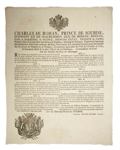null MARSHAL DE SOUBISE. 1761 - Decree of the MARCHAL PRINCE DE SOUBISE Commander...
