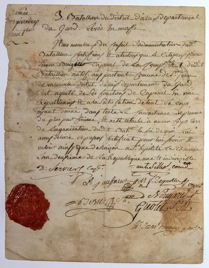 null GARD. 1794. Two Certificates of Services of CITIZEN BRUGUIER, Corporal in the...
