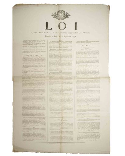 null MONNAIE. 1791. CHARENTE MARITIME : « LOI ADDITIONNELLE À CELLES CONCERNANT L’ORGANISATION...