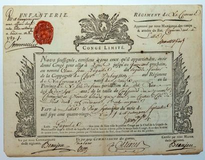 null RÉGIMENT DE LA COURONNE – INFANTERIE. LILLE 1789 – Pièce signée (MONTROSSIER)...