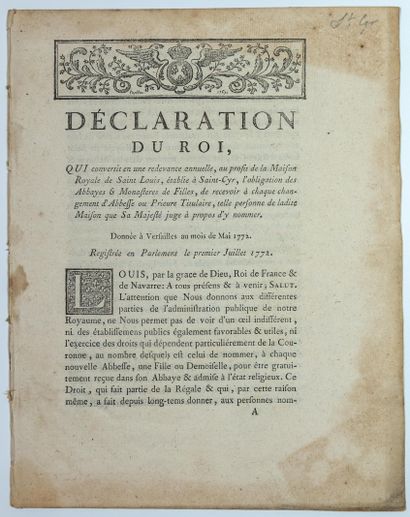 null MAISON DE SAINT CYR (78). « Déclaration du Roi (Louis XV), qui convertit en...